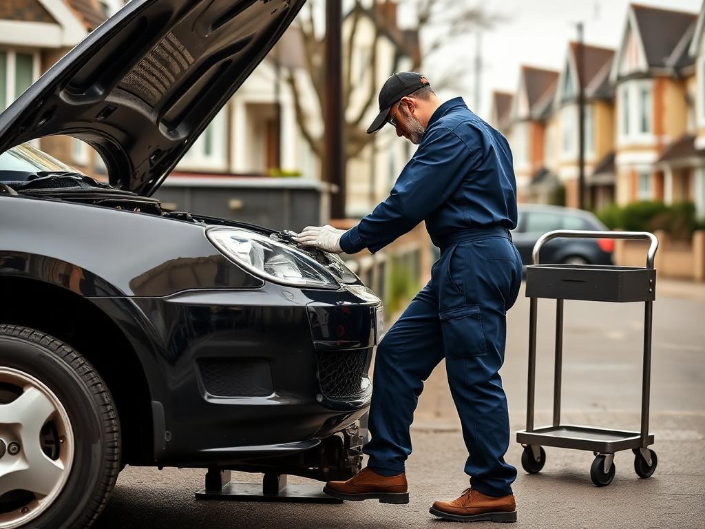 HEAVENLY mobile mechanic working on a car engine on a UK residential street
