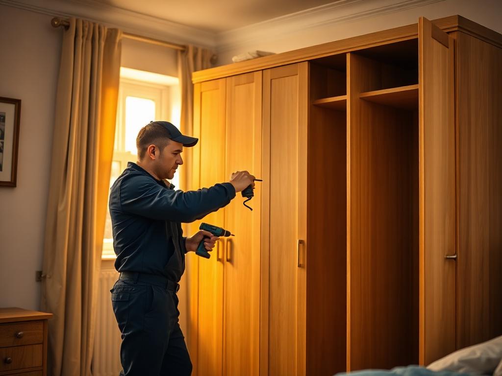 HEAVENLY handyman drilling a shelf and assembling furniture in a modern home