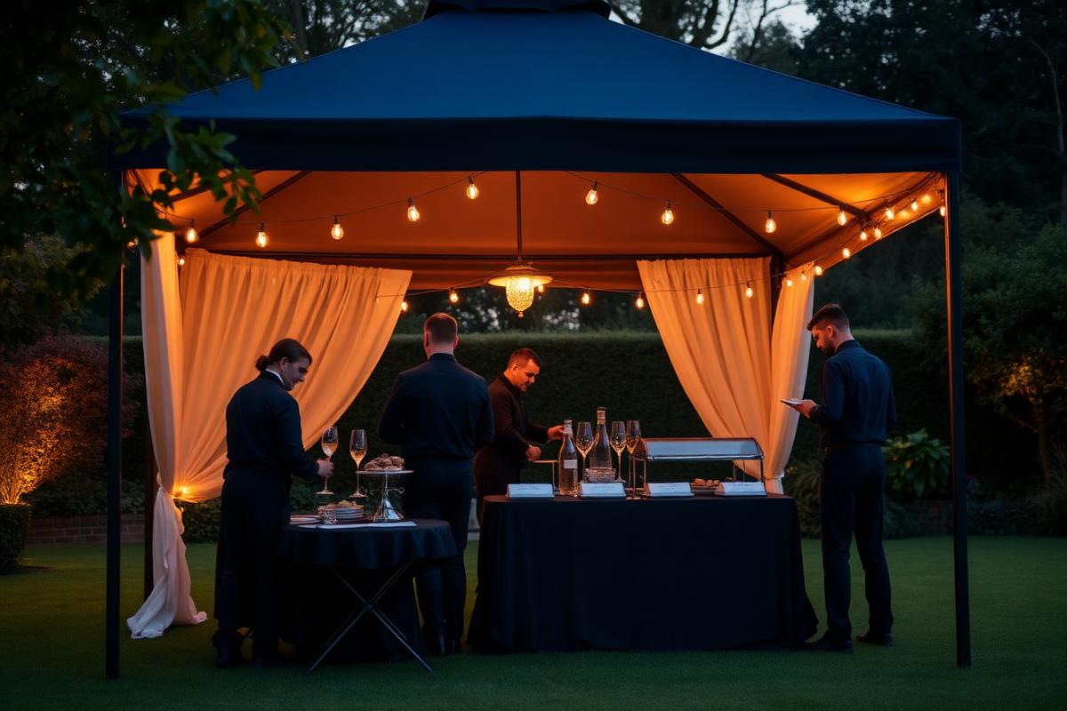 HEAVENLY event staff setting up a gazebo, catering table and lighting for a UK garden party