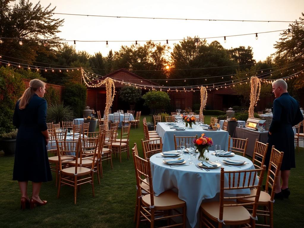 HEAVENLY event staff setting up a gazebo, catering table and lighting for a UK garden party