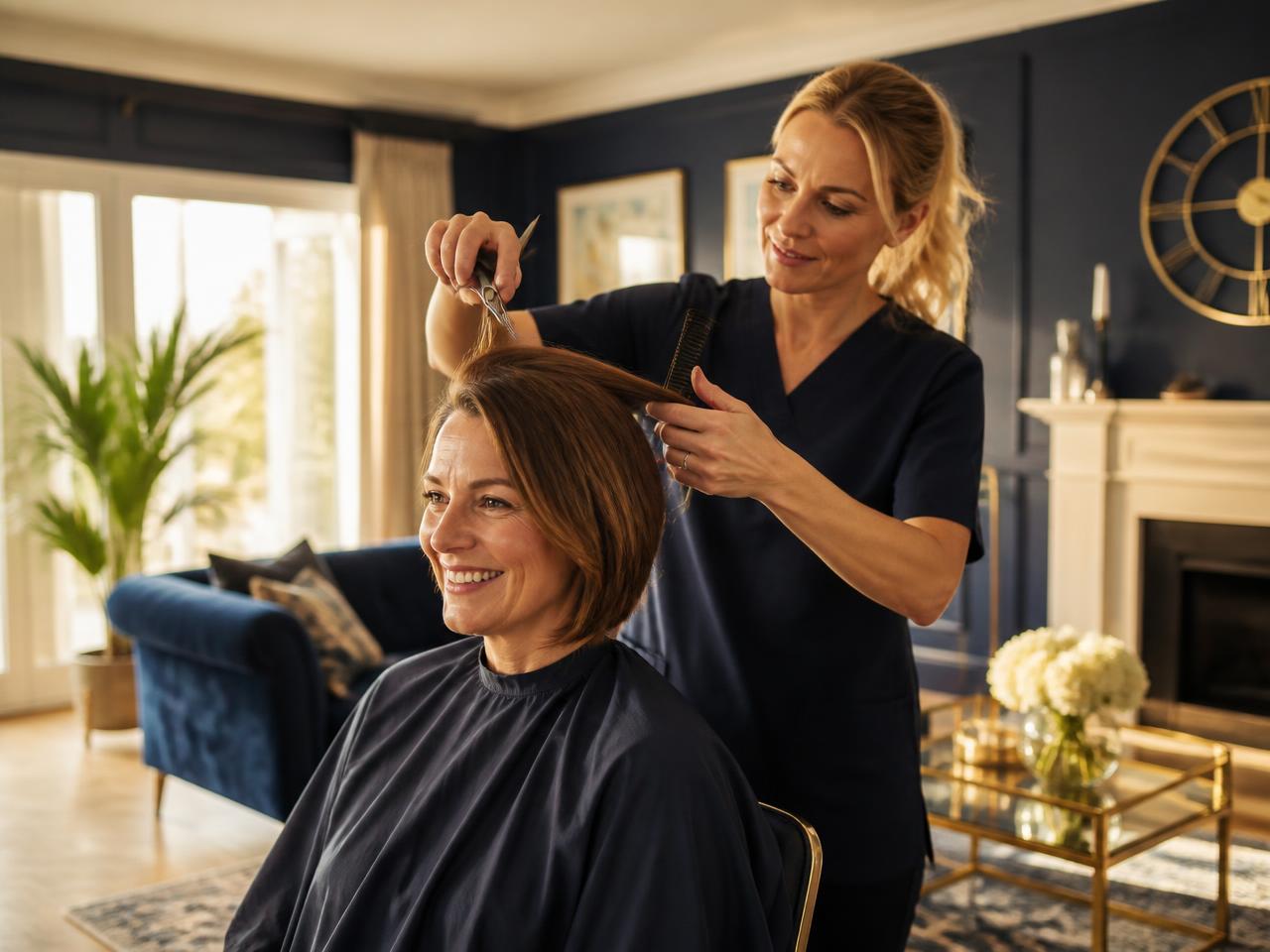 HEAVENLY mobile hairdresser cutting a client's hair at home in a bright UK living room