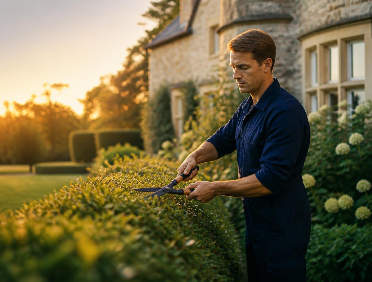 HEAVENLY gardener trimming a hedge in a sunny English garden