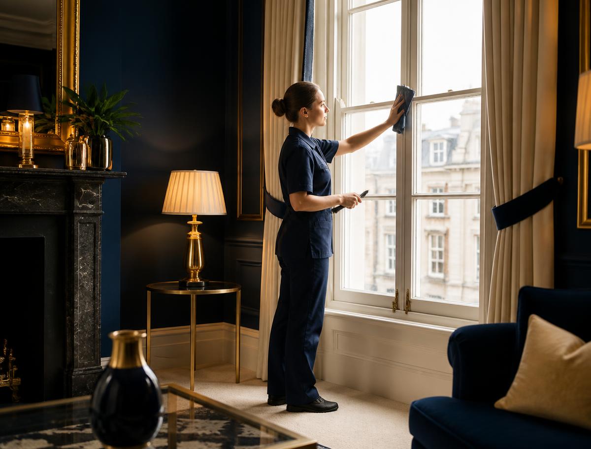 HEAVENLY cleaner washing the windows of a bright London flat
