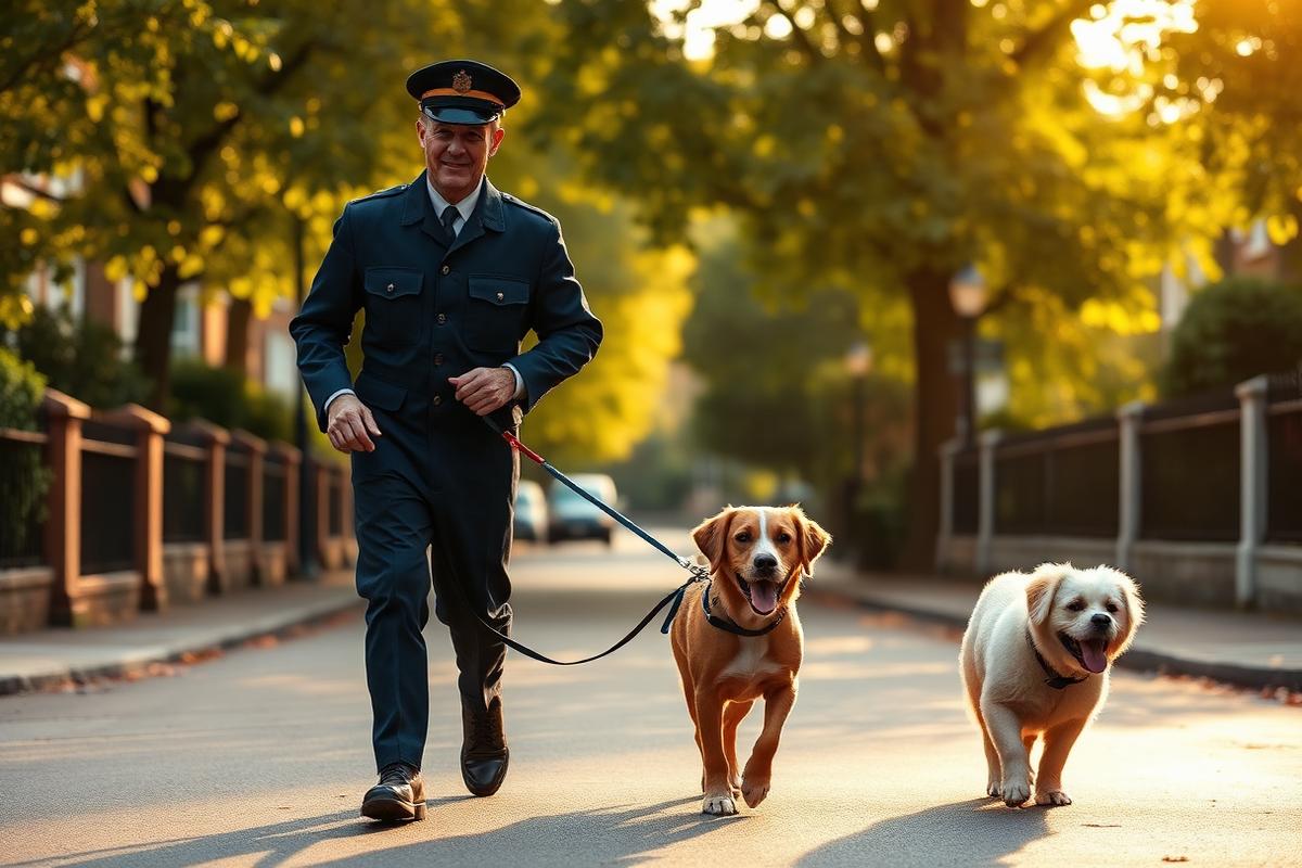HEAVENLY dog walker walking two dogs along a leafy British street