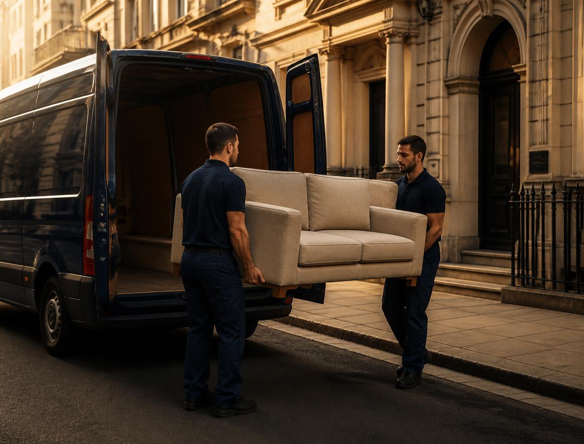 Two HEAVENLY removals workers loading a sofa into a van in London