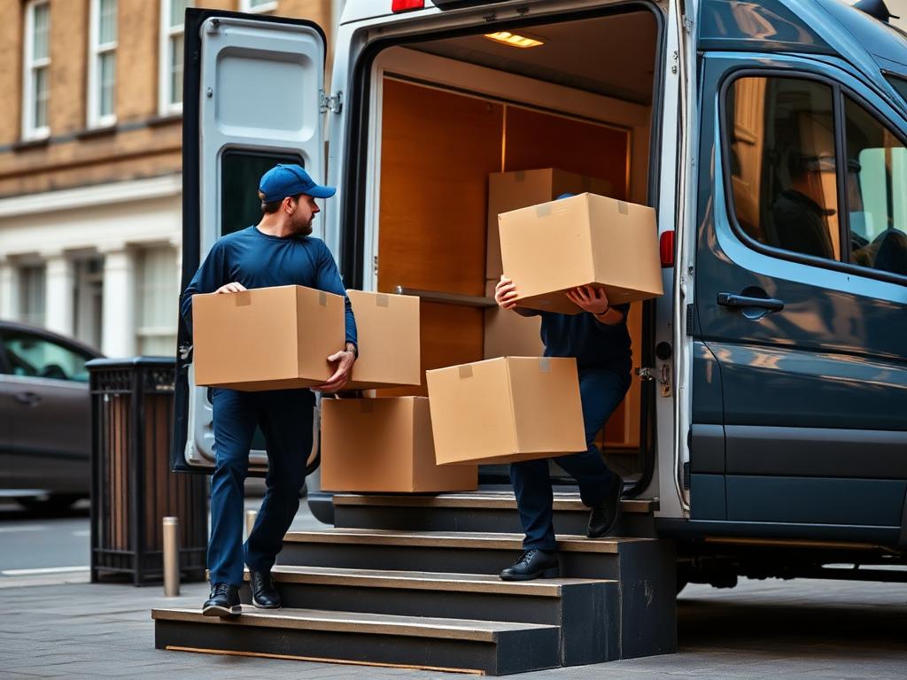 Two HEAVENLY removals workers loading a sofa into a van in London