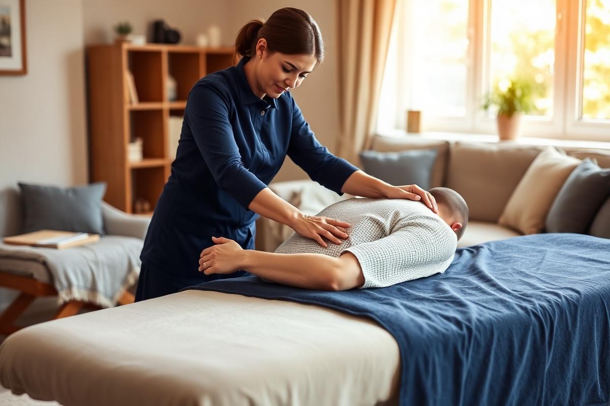 HEAVENLY mobile wellbeing therapist giving a massage in a calm UK living room