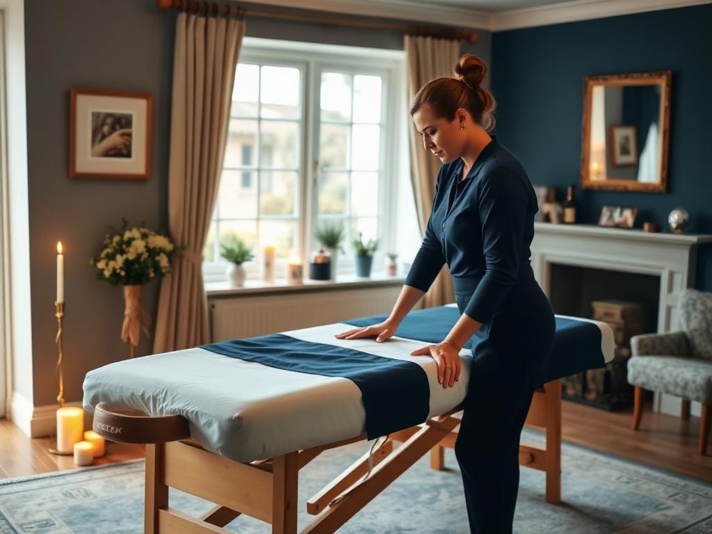 HEAVENLY mobile wellbeing therapist giving a massage in a calm UK living room